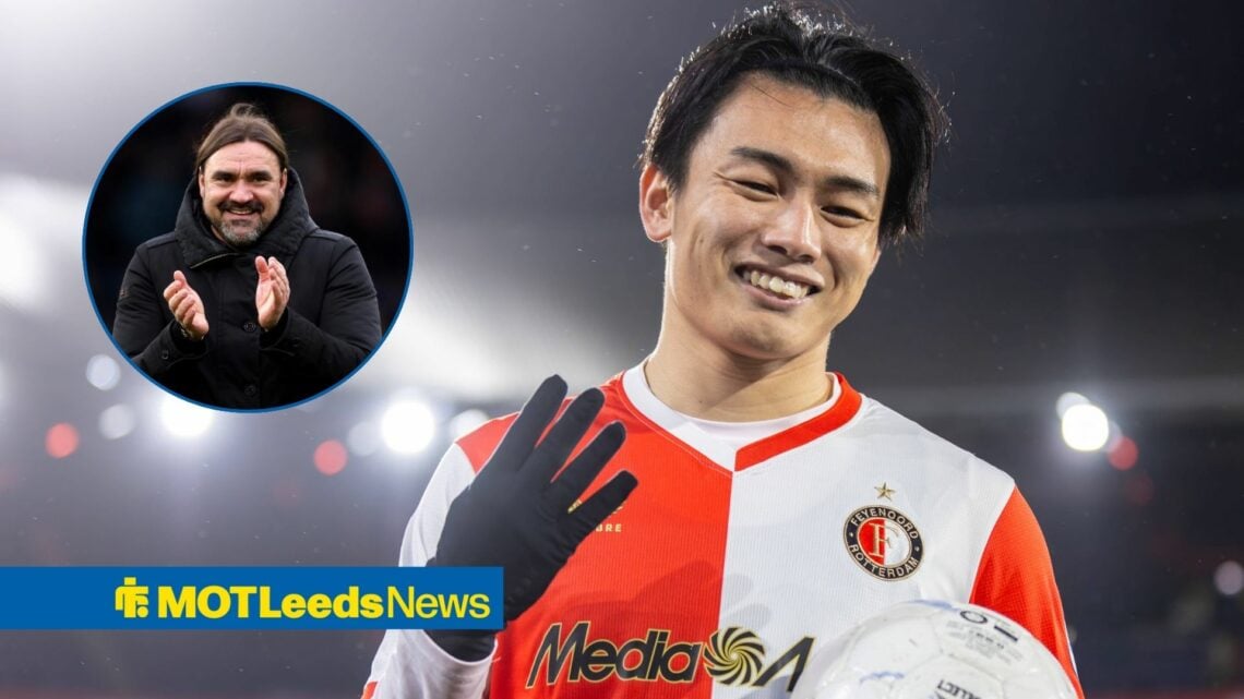 Ayase Ueda holds up four fingers, with Daniel Farke clapping in a circular frame inset