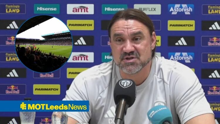 Daniel Farke speaking at a press conference, with Elland Road in a circular frame inset