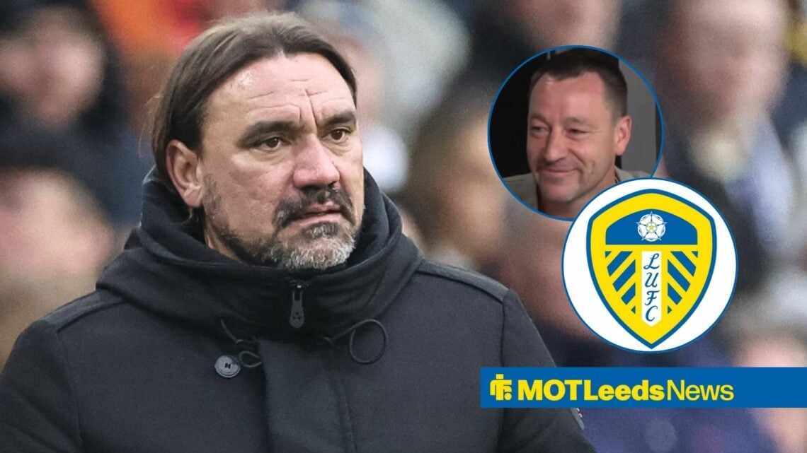 Daniel Farke looking at John Terry and Leeds United badge in circular insets