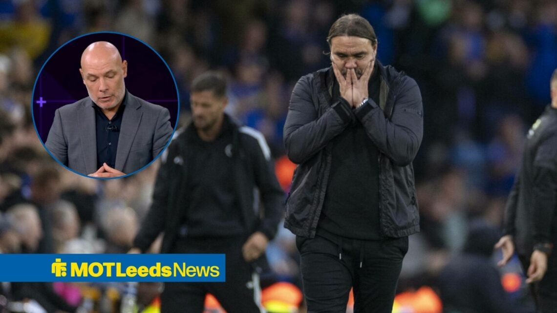 Daniel Farke holds his hands to his face on the Leeds touchline with Howard Webb in a round overlay