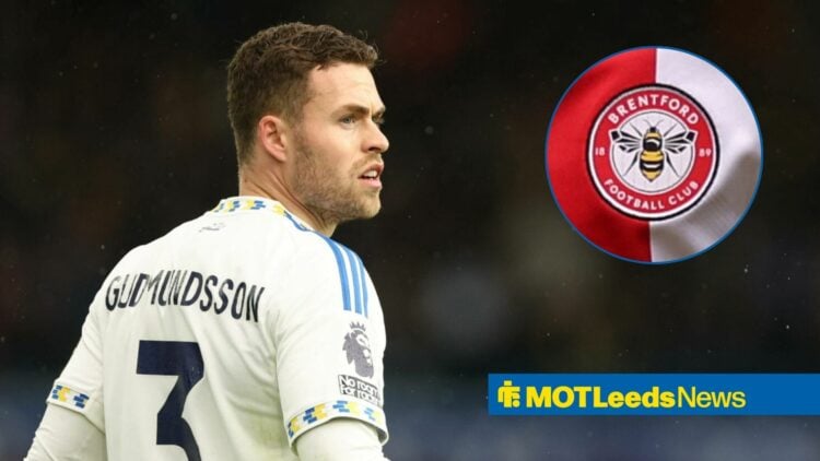 Gabriel Gudmundsson in action for Leeds United, Brentford badge in inset.