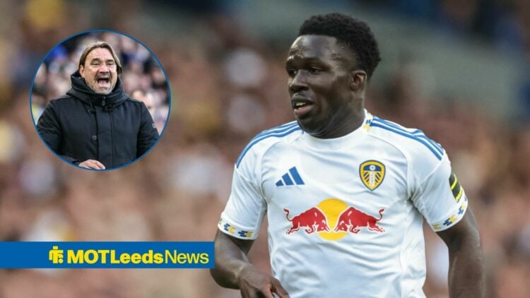 Willy Gnonto playing for Leeds United and Daniel Farke shouting in a round overlay