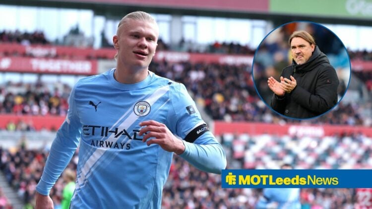 Man City's Erling Haaland with Leeds boss Daniel Farke inset