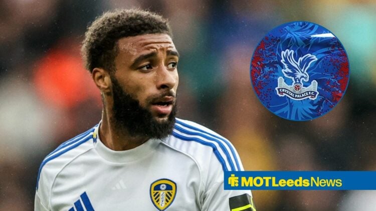 Leeds United star Jayden Bogle looking worried, Crystal Palace badge in inset.