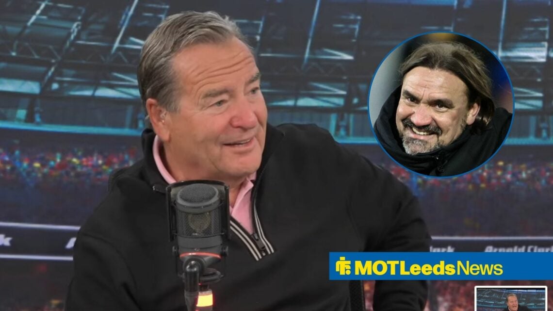 Jeff Stelling smiling, Leeds United manager Daniel Farke in inset.
