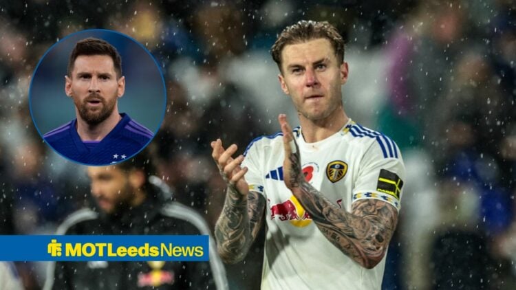 Leeds United star Joe Rodon clapping, Lionel Messi in inset.