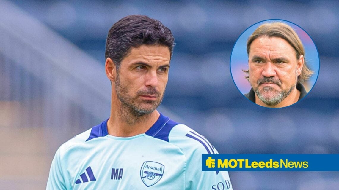Arsenal manager Mikel Arteta and Leeds United boss Daniel Farke in circular inset