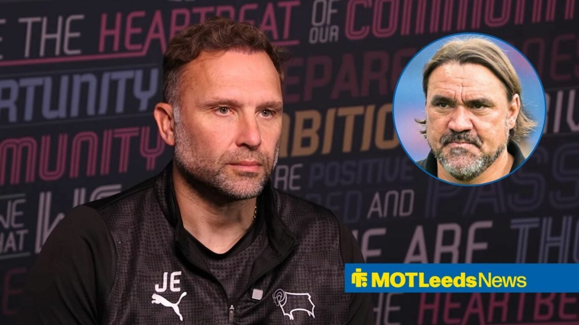 Derby County boss John Eustace and Leeds United manager Daniel Farke in circular inset