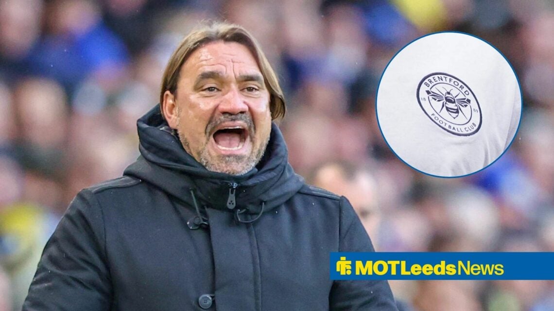 Leeds United manager Daniel Farke and Brentford badge in circular inset