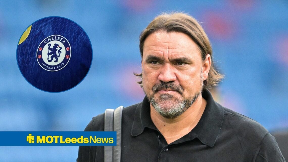 Leeds United manager Daniel Farke and Chelsea badge in circular inset