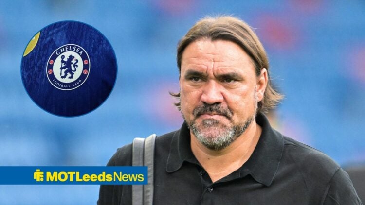Leeds United manager Daniel Farke and Chelsea badge in circular inset