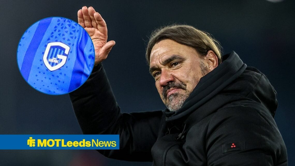 Leeds United manager Daniel Farke and Genk badge in circular inset
