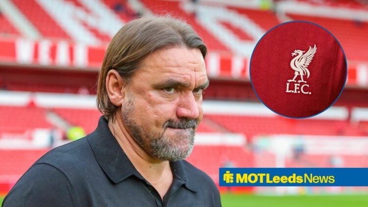 Leeds United manager Daniel Farke and Liverpool badge in circular inset