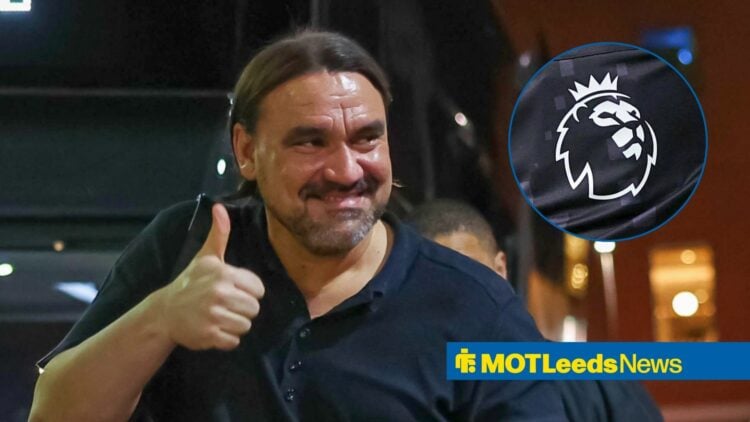 Leeds United manager Daniel Farke and Premier League badge in circular inset