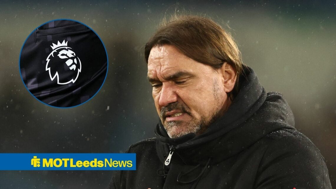 Leeds United manager Daniel Farke and Premier League badge in circular inset