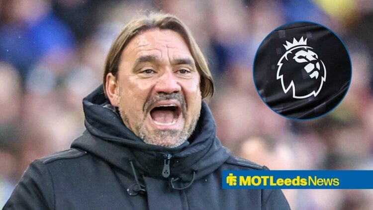 Leeds United manager Daniel Farke and Premier League logo in circular inset