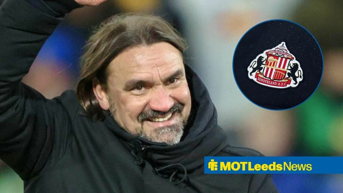 Leeds United manager Daniel Farke and Sunderland badge in circular inset
