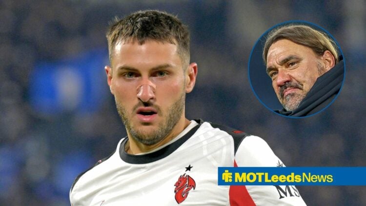 AC Milan striker Santiago Gimenez and Leeds United manager Daniel Farke in circular inset