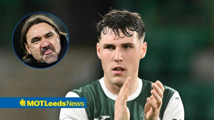 Hibernian midfielder Josh Mulligan and Leeds United manager Daniel Farke in circular inset