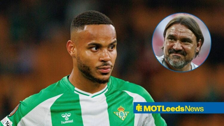 Real Betis defender Natan and Leeds United manager Daniel Farke in circular inset