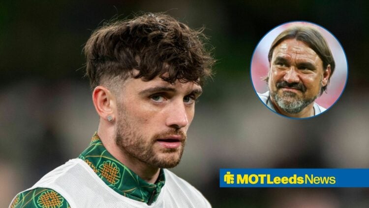 AZ Alkmaar striker Troy Parrott and Leeds United manager Daniel Farke in circular inset