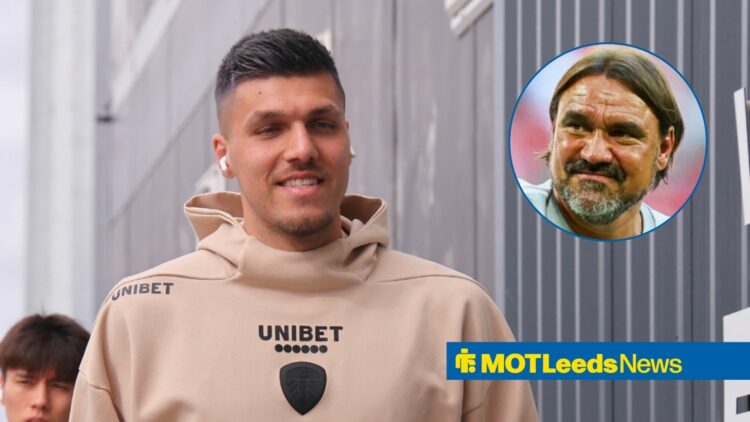 Leeds United forward Joel Piroe and Daniel Farke in circular inset