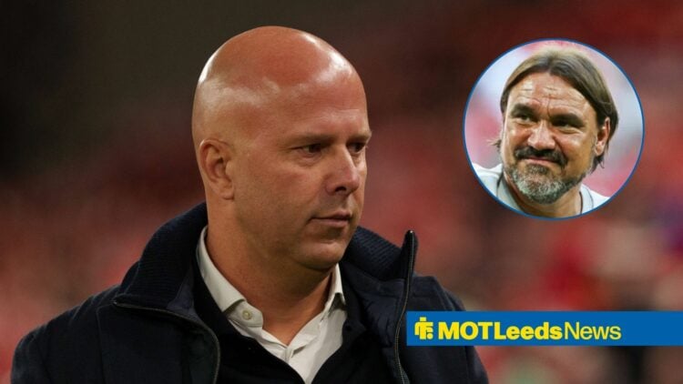 Liverpool manager Arne Slot and Leeds United boss Daniel Farke in circular inset