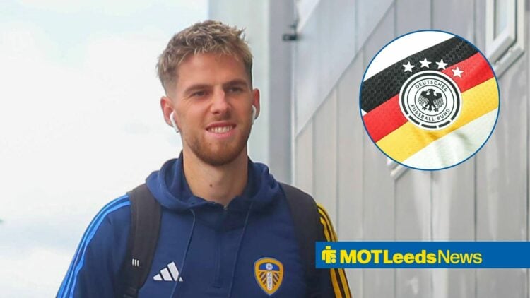 Leeds United midfielder Anton Stach and Germany national football team badge in circular inset