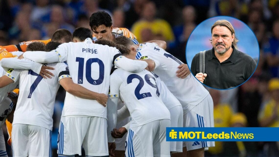 Leeds United players in a huddle, Daniel Farke upset in inset.
