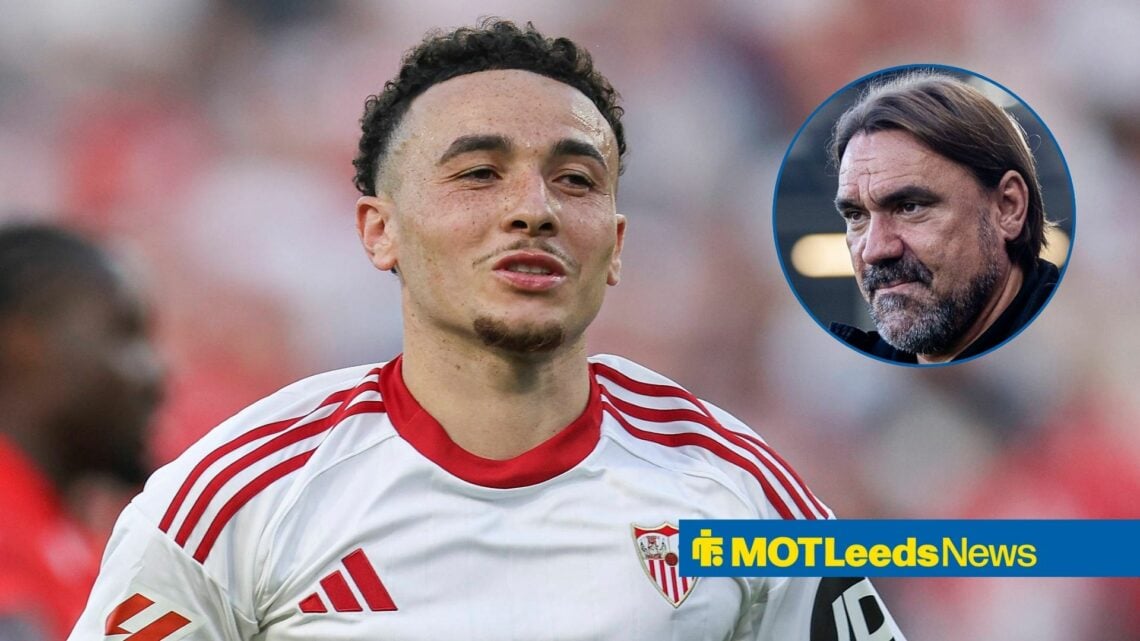 Sevilla forward Ruben Vargas and Leeds United manager Daniel Farke in circular inset