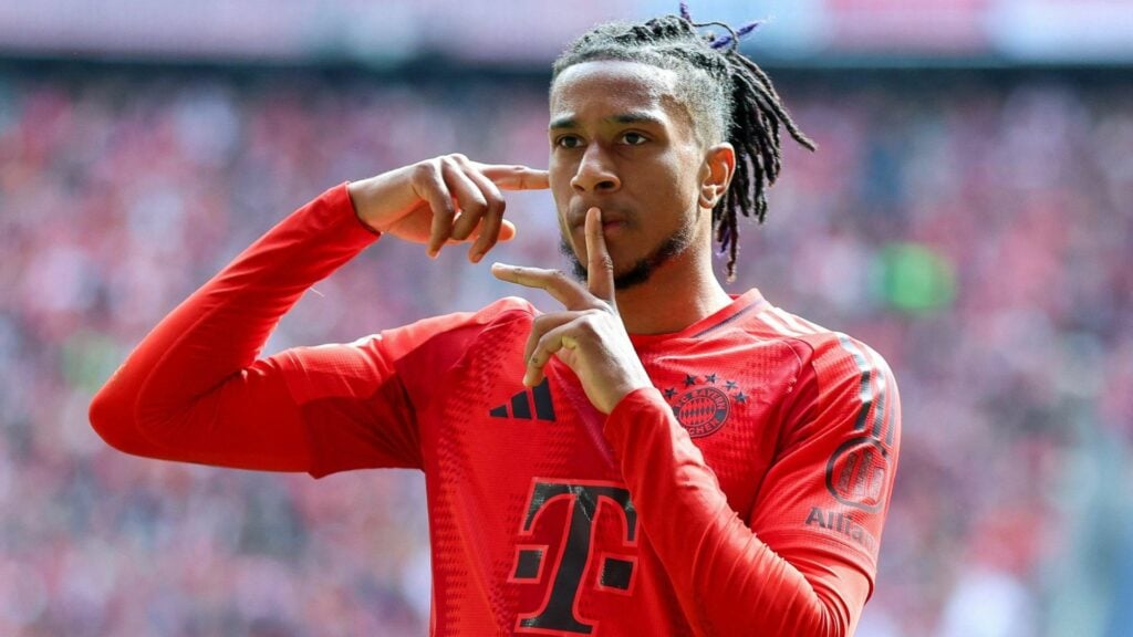 Michael Olise celebrating for Bayern Munich.