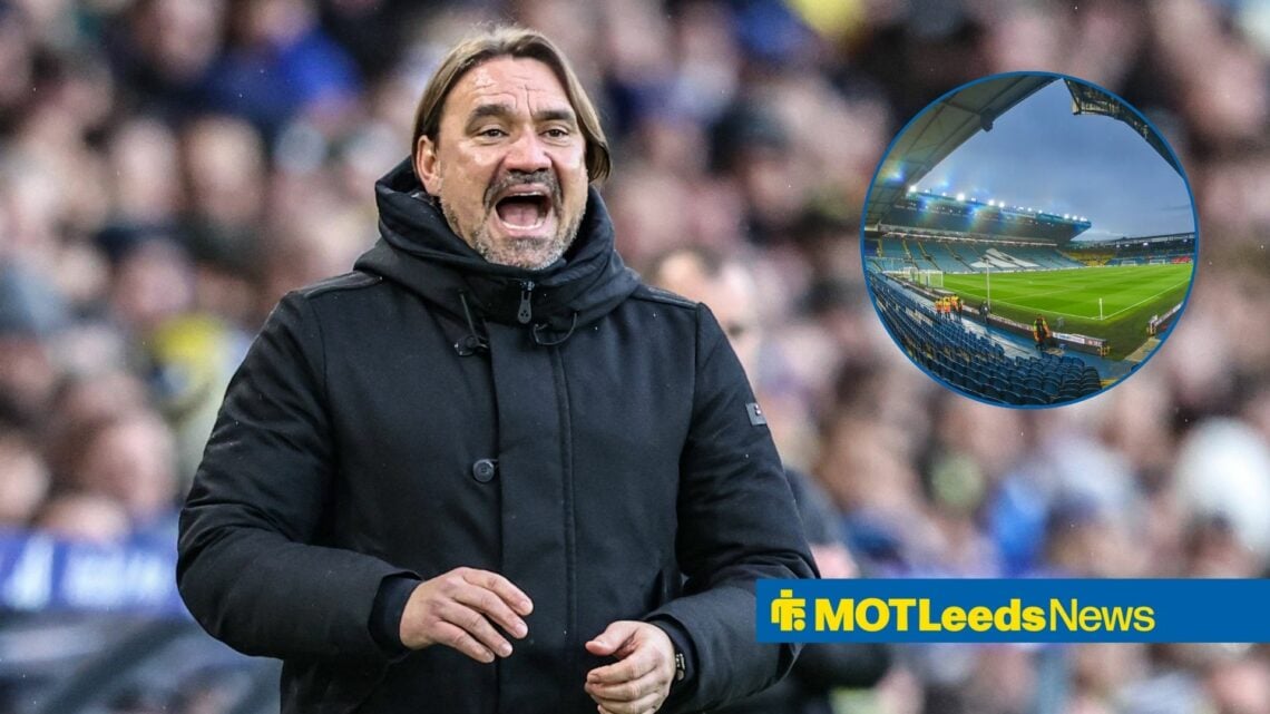Daniel Farke barks out instructions, with Elland Road in a circular frame inset