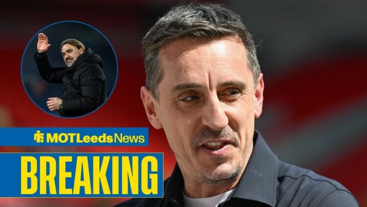 Gary Neville smiling with Leeds boss Daniel Farke inset