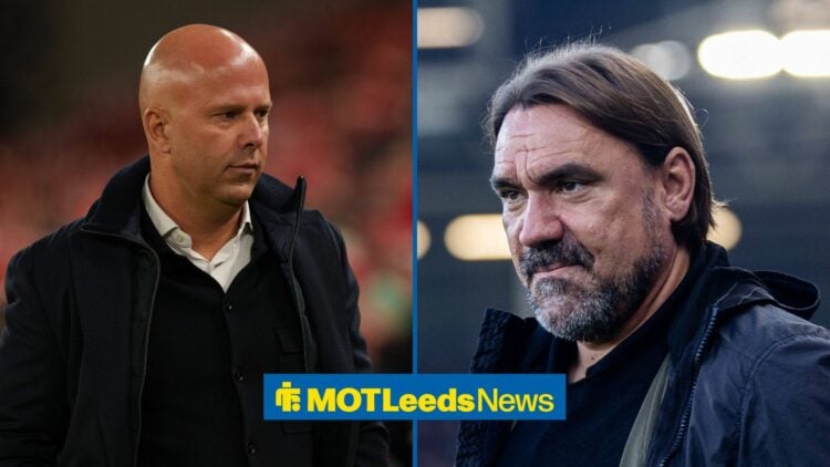 A split image of Liverpool's Arne Slot with Leeds United's Daniel Farke