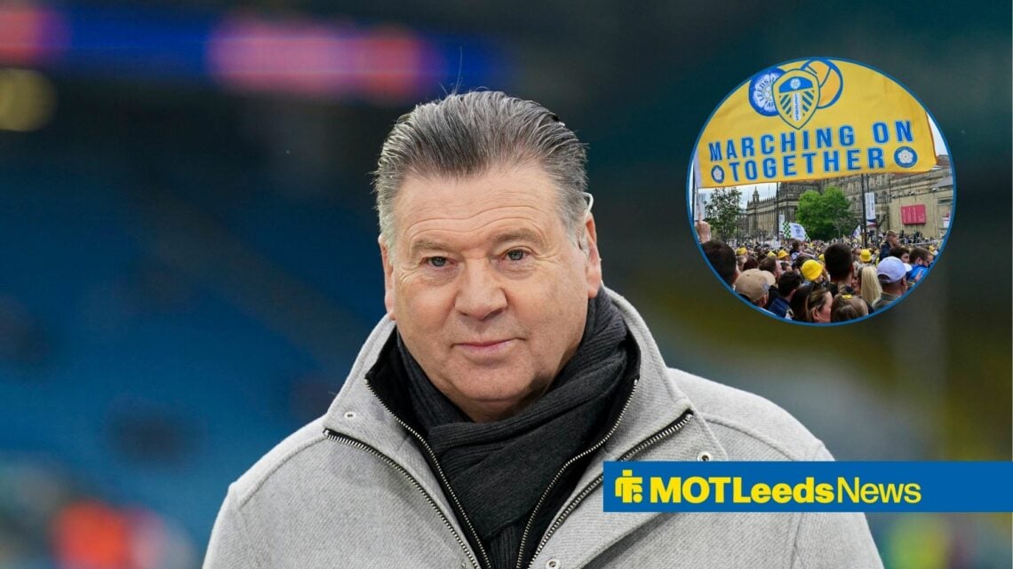 Chris Waddle looks towards a circular frame inset of Leeds fans