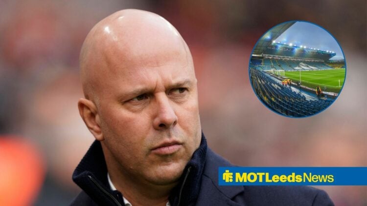 Arne Slot looking towards a circular frame of Elland Road