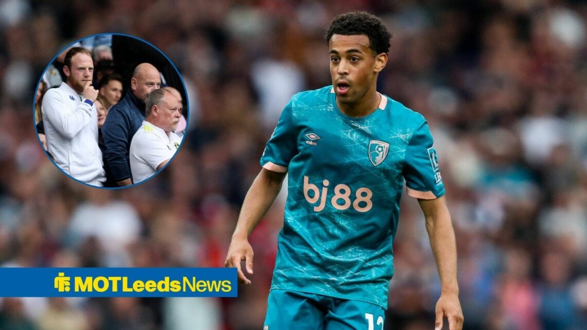 Former Leeds United star Tyler Adams in action, Leeds fans in inset.