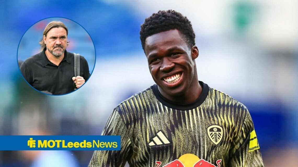 Leeds United star Wilfried Gnonto smiling, Daniel Farke in inset.