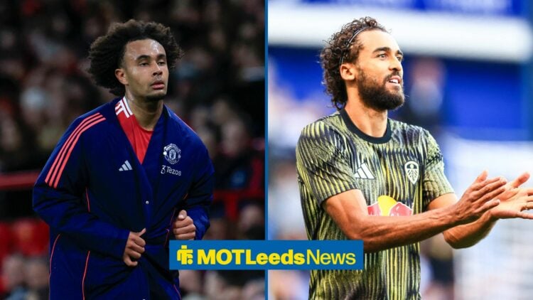 Man United striker Joshua Zirkzee in a split image with Leeds' Dominic Calvert-Lewin