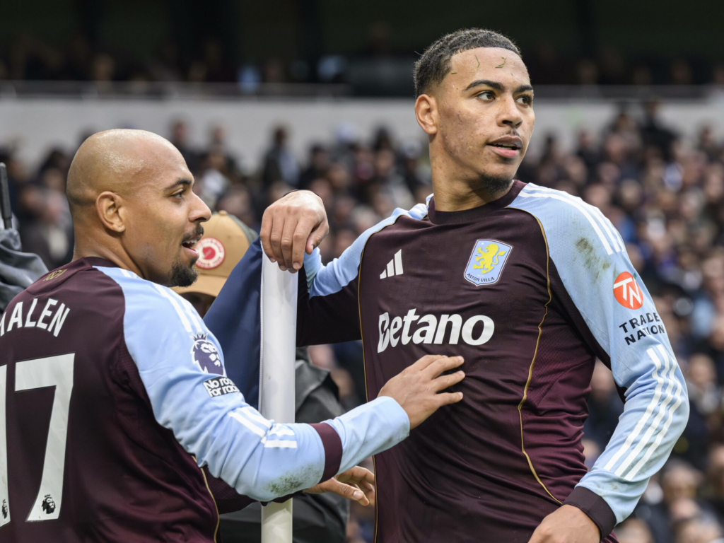 Morgan Rogers looking concentrated while celebrating for Aston Villa