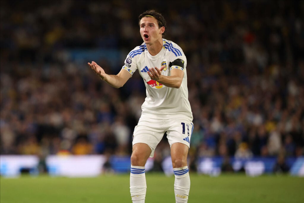 Brenden Aaronson looking annoyed while playing for Leeds United