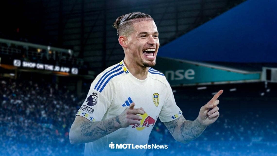 Kalvin Phillips celebrating wearing a Leeds United shirt