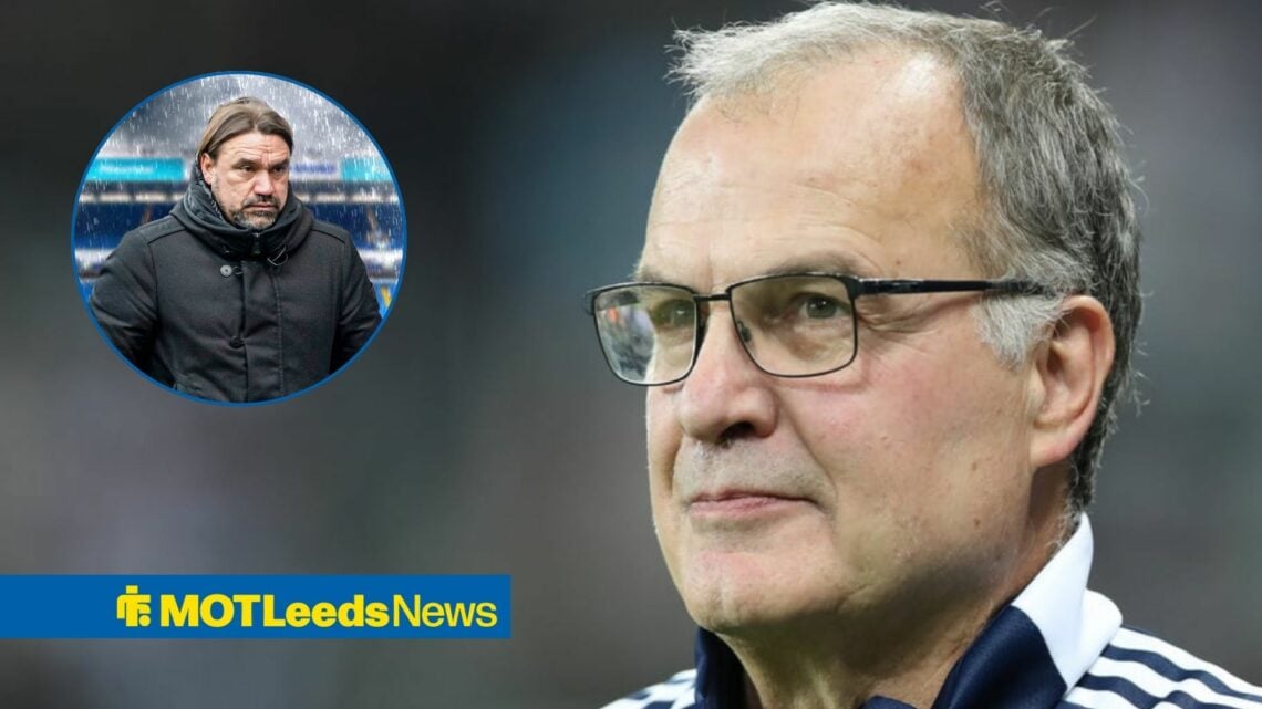 Marcelo Bielsa looking left smiling with sad Daniel Farke in rainy circular inset