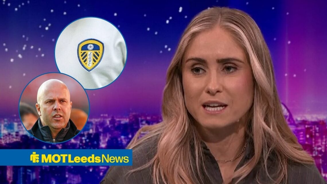 Steph Houghton looking in the direction of Arne Slot and Leeds badge.