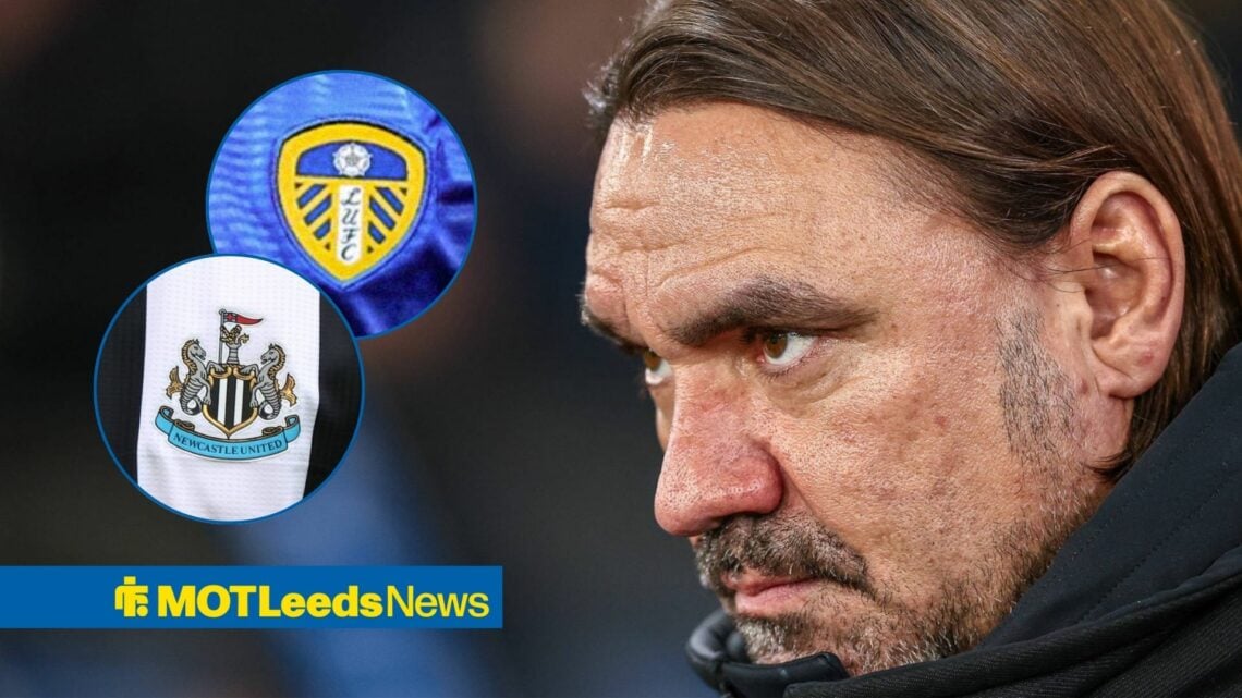 Daniel Farke with Newcastle and Leeds badge in frame