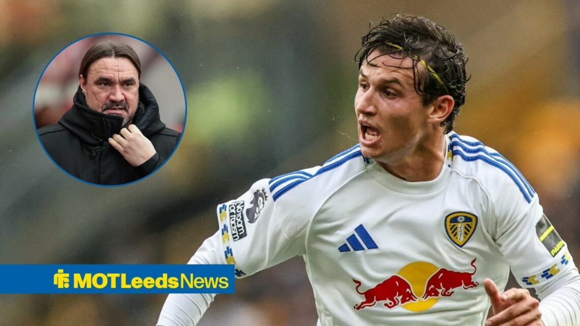 Brenden Aaronson running with a circle inset of Daniel Farke confused.