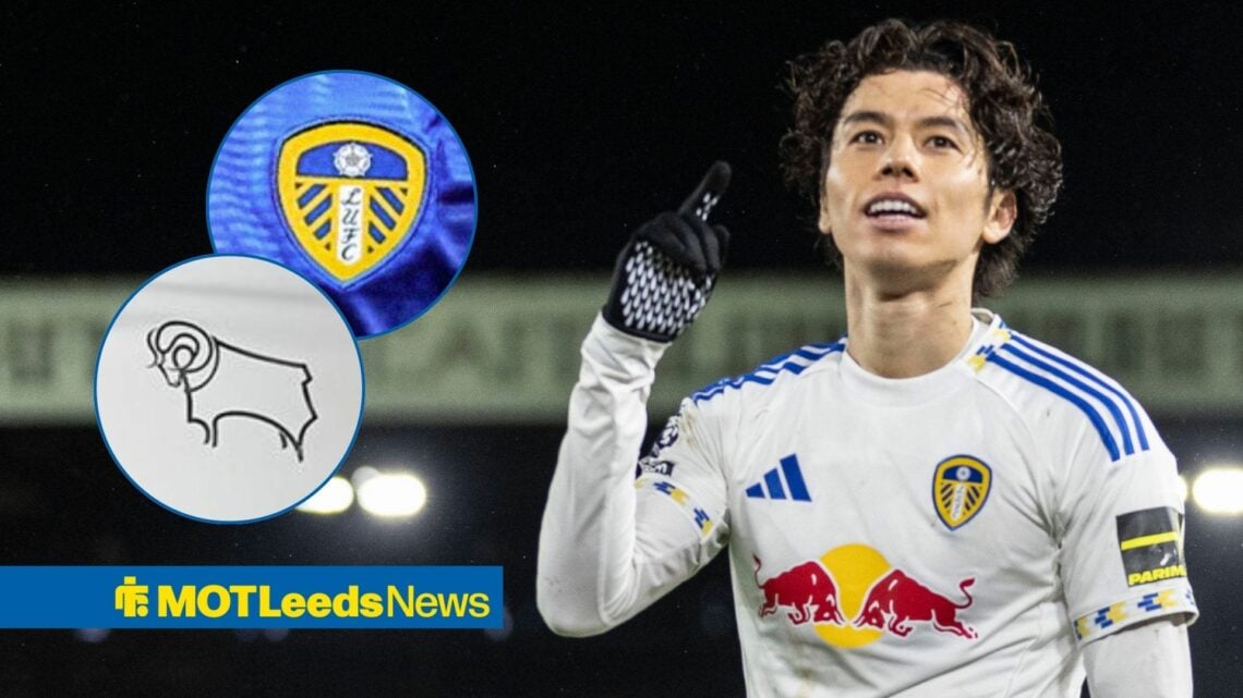 Ao Tanaka celebrating with Leeds and Derby badge in frame