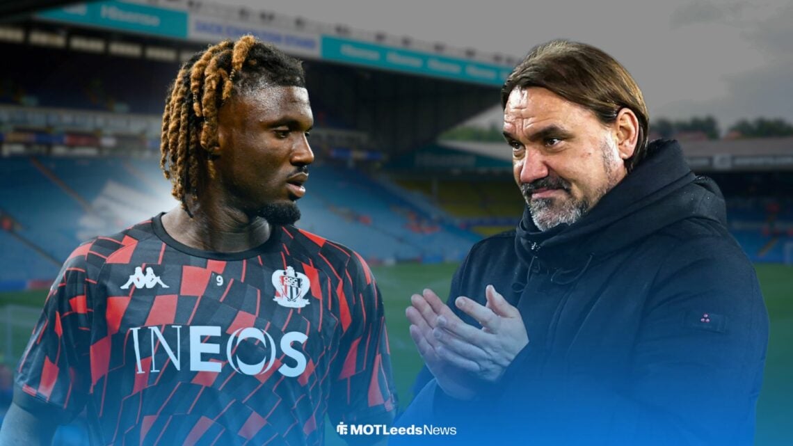 Terem Moffi in OCG Nice shirt with Daniel Farke at Elland Road