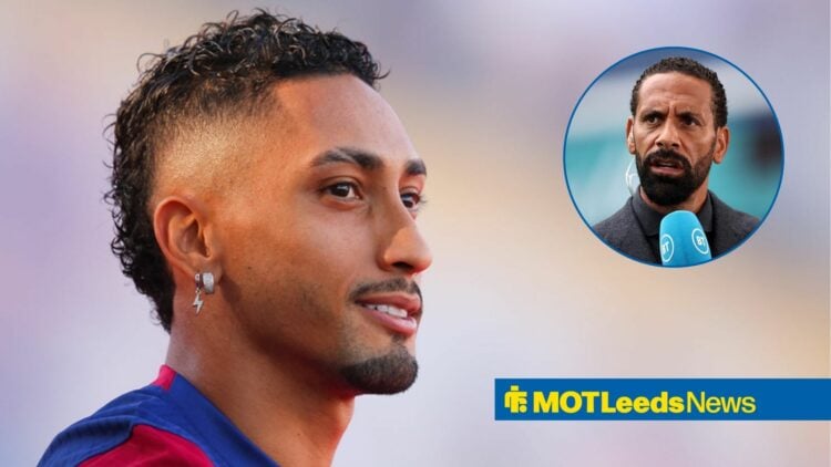 Raphinha alongside a circle inset of Rio Ferdinand.