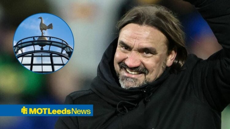 Daniel Farke smiling in the direction of a Tottenham badge.